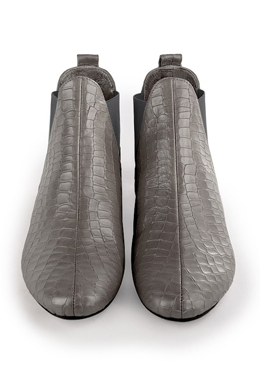 Ash grey women's ankle boots, with elastics. Round toe. Flat block heels. Top view - Florence KOOIJMAN